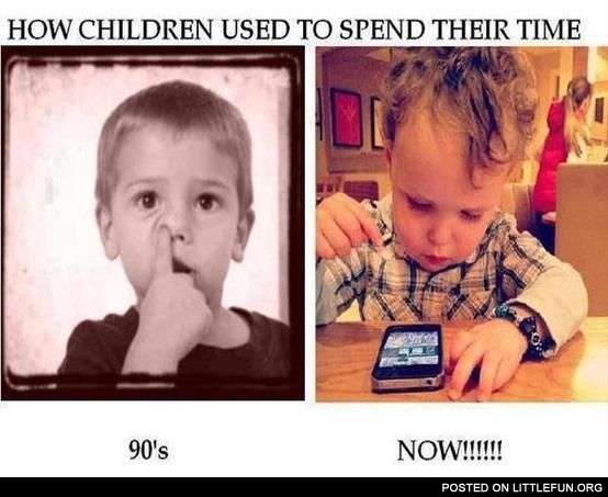 How children used to spend their time. Then and now. Child with mobile phone.
