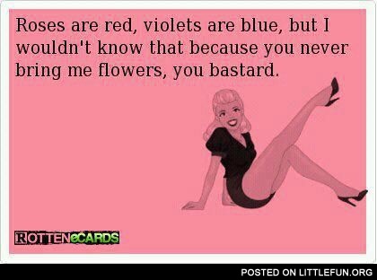 Roses are red, violets are blue, but I wouldn't know that because you never bring me flowers, you b**tard.