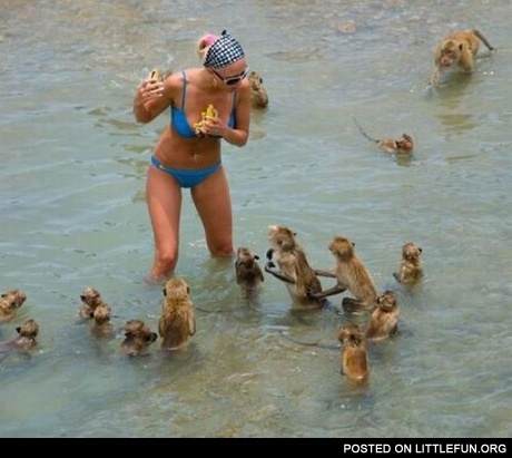 No. A girl with banana and monkeys.