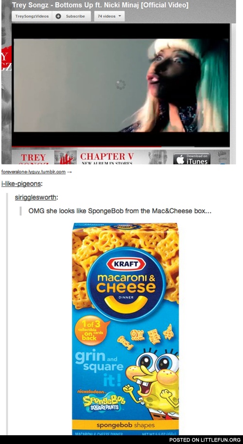 Nicki Minaj looks like Sponge Bob from the Mac and Cheese box