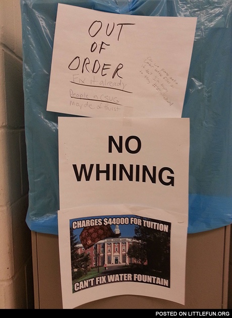 Charges $44000 for tuition, can't fix water fountain