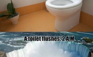 A toilet flushes