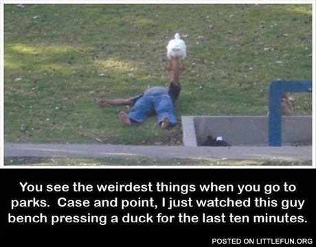 Guy bench pressing a duck