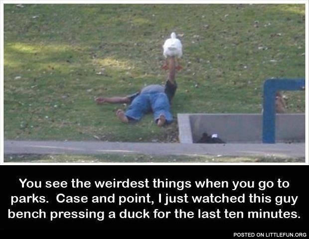 Guy bench pressing a duck