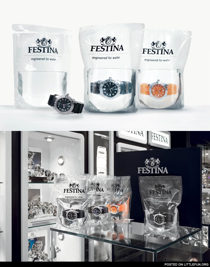 These diving watches by Festina Profundo are packaged and sold in clear bags filled with distilled water
