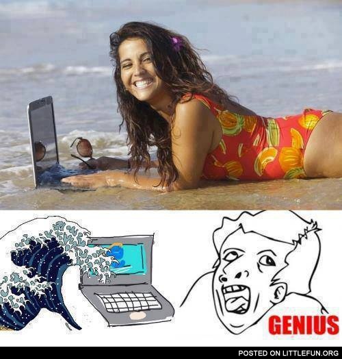 Smart girl with laptop on the beach