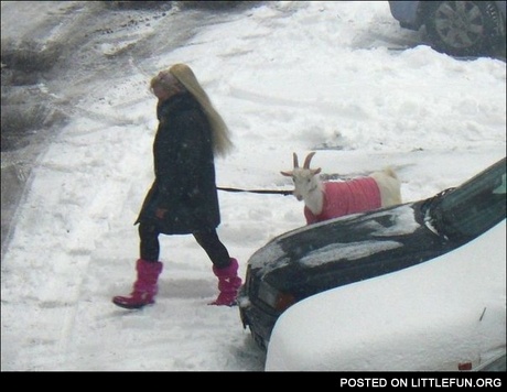 Blonde with a goat. Dat pink outfit.