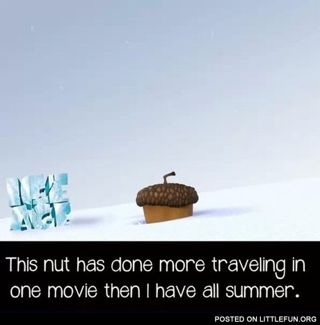 This nut has done more traveling in one movie then I have all summer