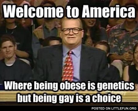 Welcome to America, where being obese is genetics, but being gay is a choice