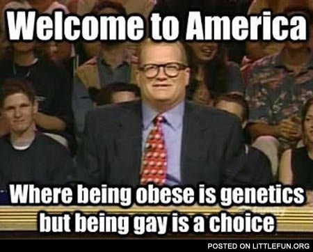 Welcome to America, where being obese is genetics, but being gay is a choice