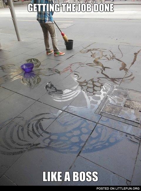 Street art with a wet mop