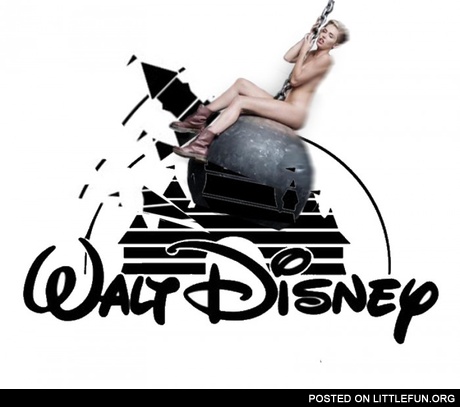 Miley Cyrus on wrecking ball crashing the Disney castle