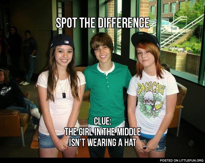The girl in the middle isn't wearing a hat. Justin Bieber.