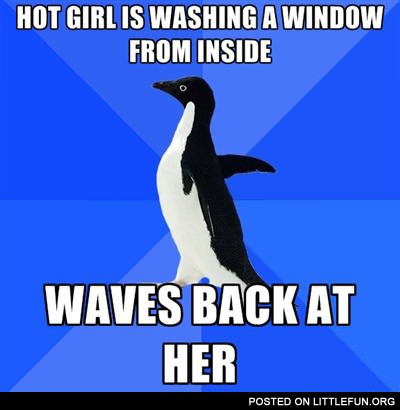 Hot girl is washing a window from inside, waves back at her