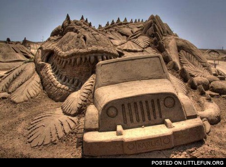 Cool dinosaur and Jeep sand sculpture