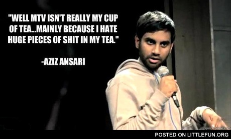 Well, MTV isn't really my cup of tea. Mainly because I hate huge pieces of sh*t in my tea. - Aziz Ansari