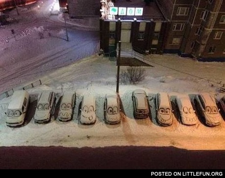 Smiling cars in winter
