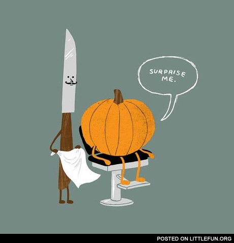 Pumpkin at the barber shop. Surprise me.