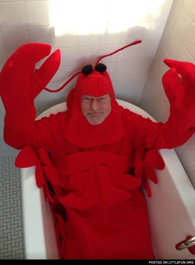 Patrick Stewart in a lobster costume