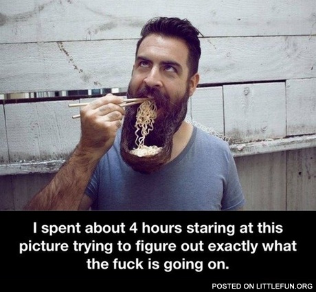 Eating noodles out of beard