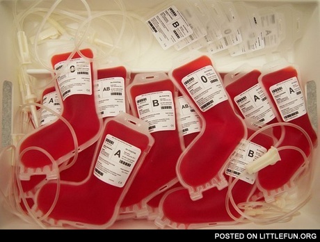 Christmas stocking-shaped blood donation bags