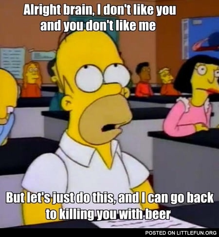 Alright brain, I don't like you and you don't like me, but let's just do this, and I can go back to killing you with beer.