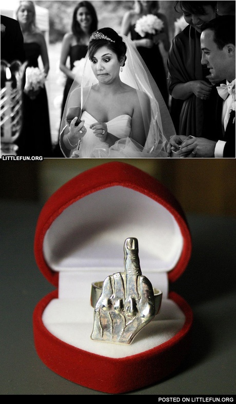 Funny wedding. Middle finger ring.