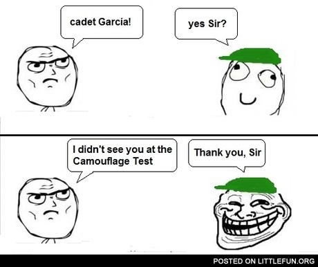 Cadet Garcia! I didn't see you at the camouflage test!