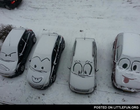Faces on cars in snow.