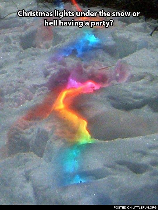 Christmas lights under the snow or hell having a party.