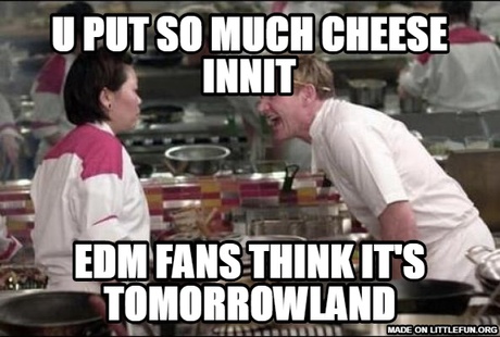 Angry Chef Gordon Ramsay: u put so much cheese innit, edm fans think it's tomorrowland