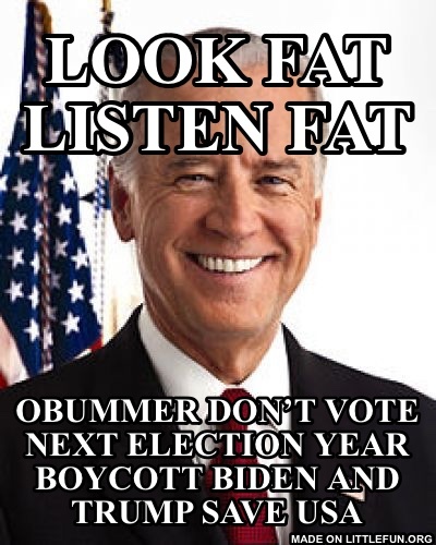 Joe Biden: Look fat listen fat, Obummer
Don’t vote
Next election year boycott Biden and trump save USA 