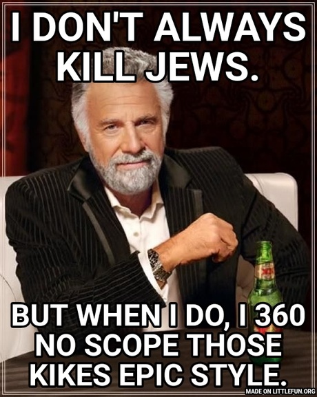 The Most Interesting Man In The World: I don't always kill jews., But when I do, I 360 no scope those kikes epic style.