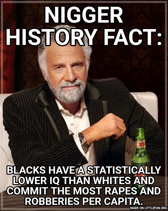 The Most Interesting Man In The World: N*gger history fact:, Blacks have a statistically lower IQ than whites and commit the most rapes and robberies per capita.